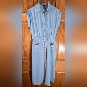 Millennium Blue Midi Length Button Front Elastic Waist Pockets Shirt Dress sz S